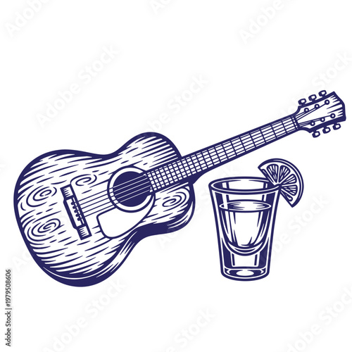 Woodcut style of an acoustic guitar and a shot glass with a lime wedge, dark blue ink lines on a white background, musical instrument with alcohol beverage, country music theme