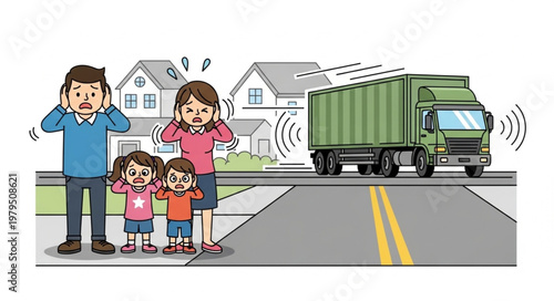 Family covering ears from loud truck noise pollution in residential area.