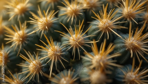 Macro Shot of Golden Spines on Green Cactus Plants Captured in Natural Light
