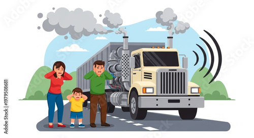 Family covering ears from loud truck noise pollution on road.