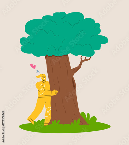 Woman hugging tree. Environmental protection, forest therapy. Colorful vector illustration