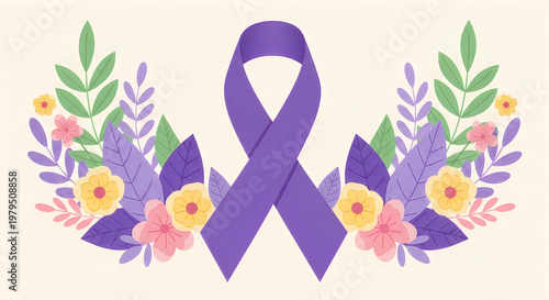 Purple ribbon with floral arrangement a symbol of epilepsy awareness and support