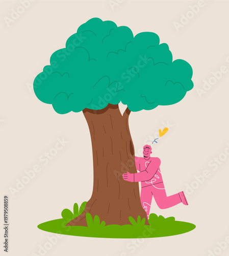 Man hugging tree. Environmental protection, forest therapy. Colorful vector illustration