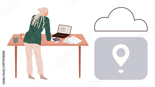 Remote work, cloud computing, data storage, digital workflow, workplace organization, technology integration. Woman working at a desk with laptop and papers, location icon in cloud. Remote work