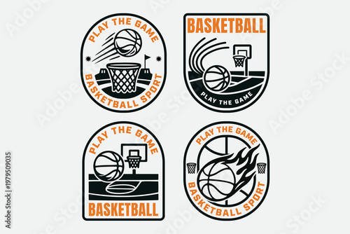 Basketball ball, hoop and court retro badge logo design set for sport team. Basketball sport vintage patch symbol pack for athletic event. Basketball court scene rustic emblem element design for merch