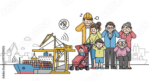 Family covering ears near noisy shipping port with crane and cargo ship.