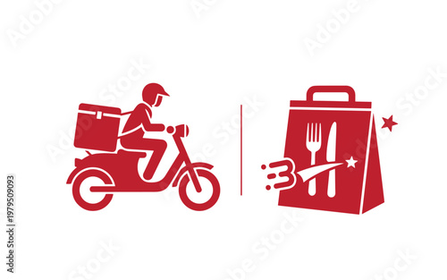 Red food delivery set, motorcycle rider and takeout bag red white background