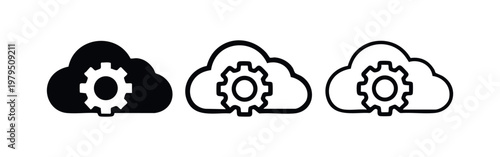 Cloud computing settings icon set with gear and cog symbols in outline and solid styles