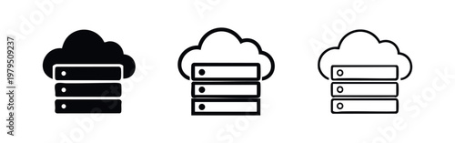 Cloud server and database icon set for data storage and hosting services in outline and solid styles