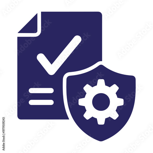 Dark blue of a document with a checkmark and a shield with a gear