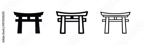 Torii gate icon set Japanese traditional shrine entrance symbols in outline and solid styles