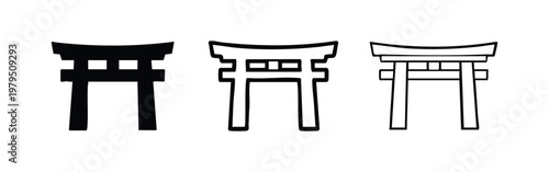 Traditional Japanese torii gate symbol set for shinto shrines in outline and silhouette styles