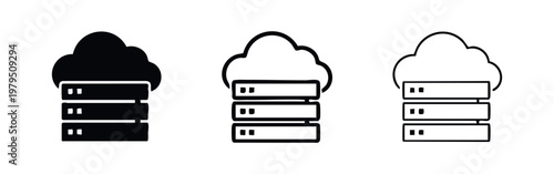 Cloud data center and server rack icon set for network storage in outline and solid styles