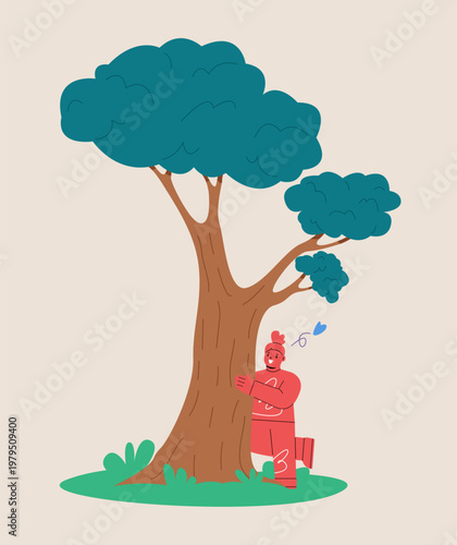 Girl hugging tree. Environmental protection, forest therapy. Colorful vector illustration