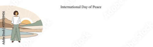 Woman standing thoughtfully in a serene landscape with mountains and sunset for international day of peace concept and harmony with nature