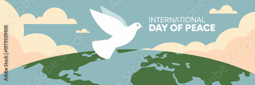 White dove flying over world map with text 'International Day of Peace' for global harmony concept and humanitarian illustration