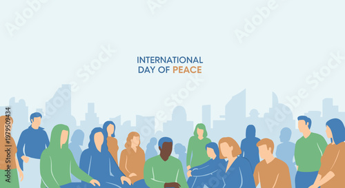 Diverse people gathering for International Day of Peace illustration, multicultural community scene with city skyline for awareness poster, social campaign or educational design
