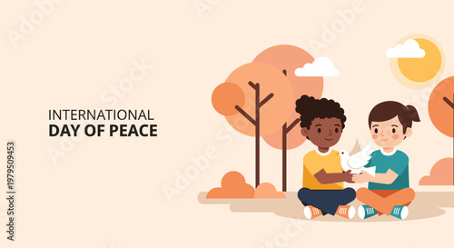 Diverse children holding a white dove together for International Day of Peace concept, symbolizing unity, friendship, and global harmony in a warm flat illustration.