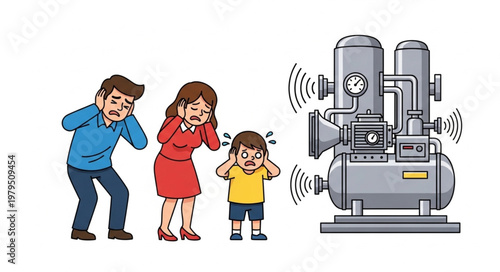 Family distressed by loud industrial machine noise pollution.