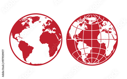Red globe two earth one solid and one with grid lines, on white background