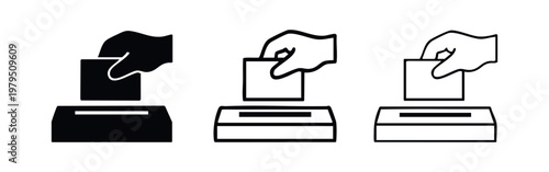 Election voting icon set showing hand inserting ballot paper into box for democracy