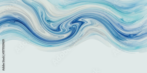 Abstract watercolor background with flowing waves of blue and cyan paint swirling on a white surface with soft gradients and liquid texture