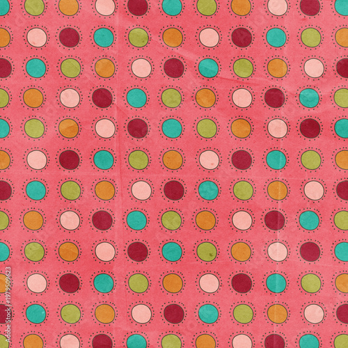 Vintage seamless pattern with multicolor polka dots and decorative outlines on textured pink background. Retro design perfect for scrapbooking, fabric, and packaging.