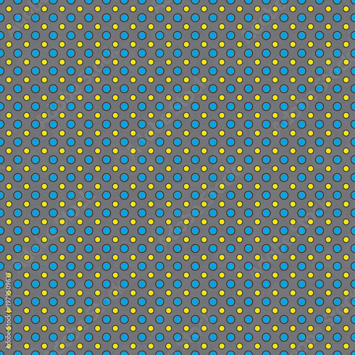 Modern seamless pattern with blue and yellow polka dots on gray background. Clean geometric style perfect for textiles, packaging, branding, and digital backgrounds.