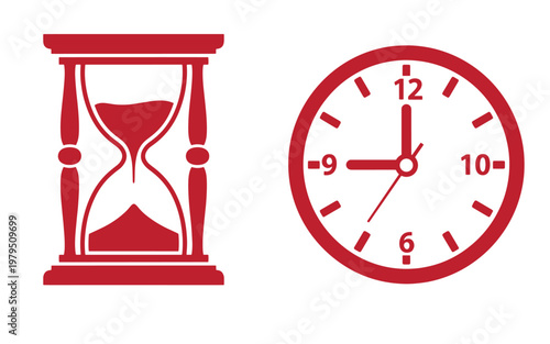 Red hourglass and analog clock on white background