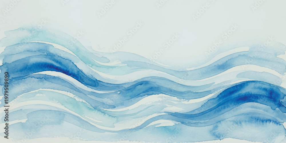Fototapeta premium Abstract watercolor painting featuring layered flowing waves in shades of blue and azure on a white paper background with visible brush strokes and paint texture