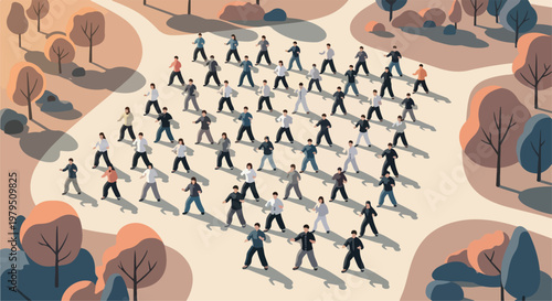 Isometric outdoor group exercise in a park, people practicing martial arts or tai chi together, flat vector illustration of community fitness