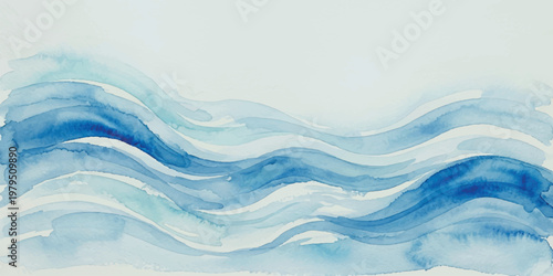 Abstract watercolor painting featuring layered flowing waves in shades of blue and azure on a white paper background with visible brush strokes and paint texture