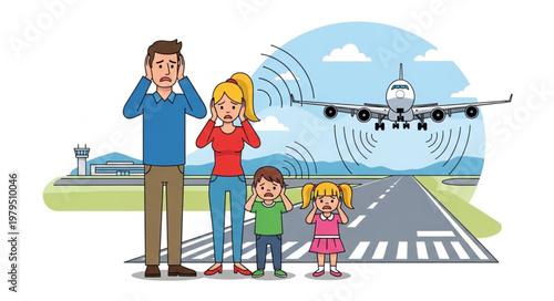 Family Watches Plane Takeoff Airport.