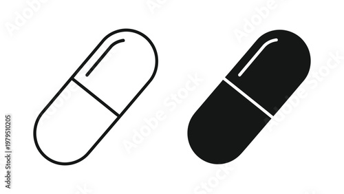 Black and white capsule pill icons for medical and health concepts