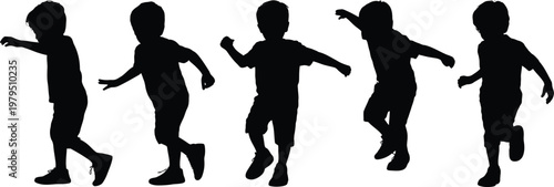 Five black silhouettes of a boy in motion child 