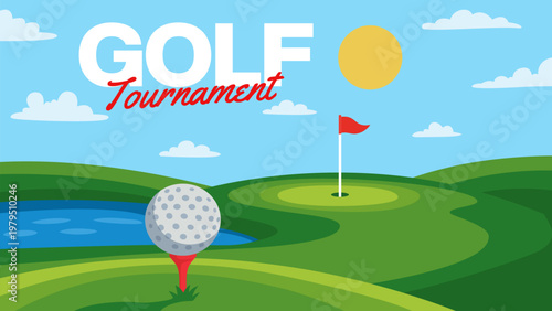 Golf course with ball on tee, hole flag, water hazard, sky illustration background for event. Golf green landscape background for banner. Golf tournament landscape flat design backdrop for poster