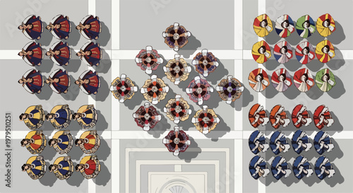 Top view architectural vector people, flat lay crowd of figures in colorful clothing, overhead human silhouettes for site plan rendering