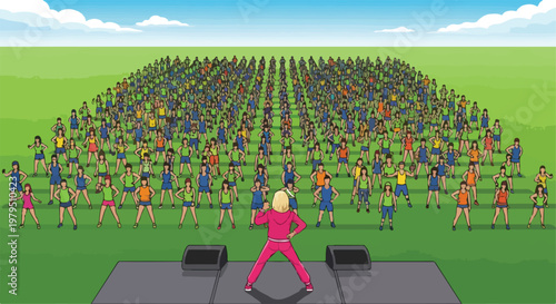 Outdoor fitness class with large group of people, aerobics instructor leading workout on stage, mass exercise event in green park field