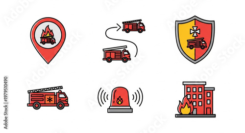 Firefighting icons set emergency services and safety equipment.