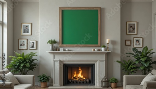 Cozy Living Room Interior with Fireplace and Blank Green Frame Ready for Artwork Display