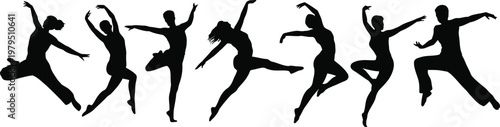 Seven black silhouettes of dancers in various ballet poses