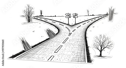 Fork in the road illustration showing two diverging paths with trees and signs.