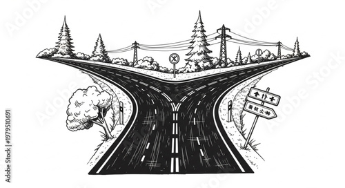 Fork in the road illustration showing two paths diverging into a landscape.