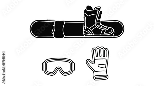 Snowboard Gear Set: A minimalist monochrome graphic displays essential snowboarding gear: a snowboard, boot, glove, and goggle, conveying the spirit of winter sports and outdoor adventure.