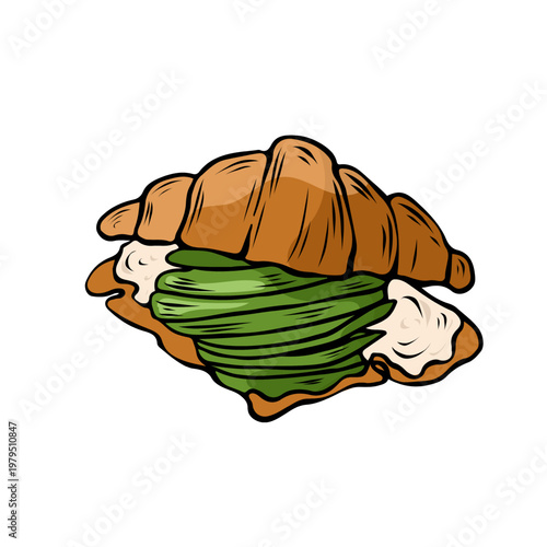 Croissant sandwich with sliced avocado hand drawn vector illustration
