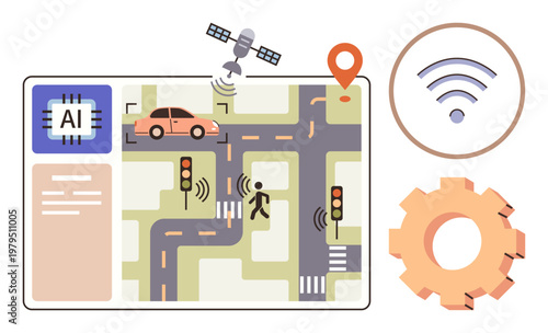 Smart city infrastructure, autonomous driving, AI technology, connectivity, navigation systems, urban planning. Illustration features a car on a digital map. Smart city infrastructure and autonomous