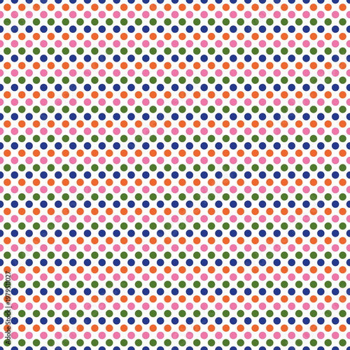 Seamless pattern with colorful polka dots arranged in neat rows on a white background. Bright and playful geometric design perfect for fabric, packaging, and kids products.