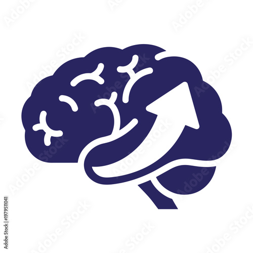 Brain with white arrow, dark blue on white background, symbol
