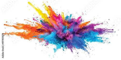 Vibrant explosion of colorful powder particles in shades of yellow orange pink purple and blue isolated on a solid white background with dynamic splashes and scattered dust fragments