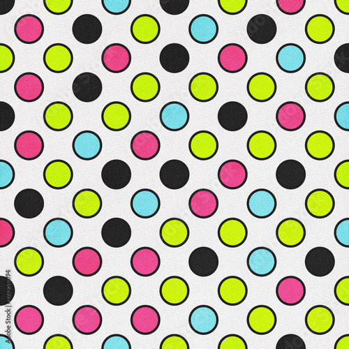 Seamless pattern with neon colorful polka dots on white textured background. Vibrant modern design perfect for fabric, packaging, digital art, and trendy projects.